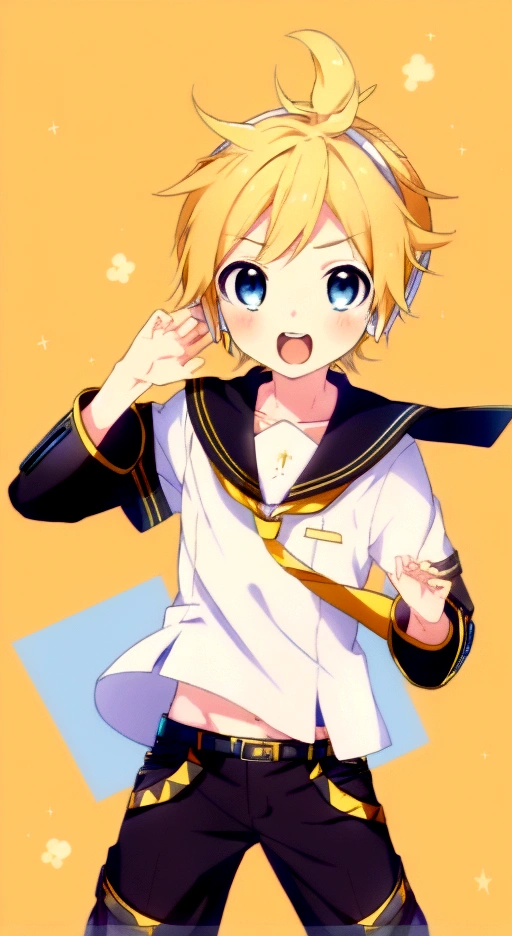 one boy, (Kagamine Len), Vocaloid, light blue eyes, black short pants, blond hair, cowboy shot, cool, happy, cute, open mouth, sailor collar