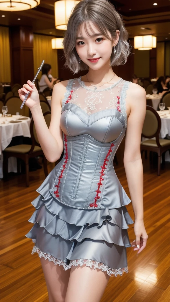 (8K, Photorealistic, Raw photo, Highest quality: 1.4),Japanese idol-style beautiful girl,1 person,18-year-old,(Short Bob),(Silver Hair :1.2),(Natural Waves),She has her hair tucked behind her ears,Clear grey eyes,Long eyelashes,(piercings(small)),(Lip gloss(red)),lips(Plump,glossy),thin long neck,necklace,ring,thin abdomen,(Corset bustier),(sleeveless one-piece dresses((Medium length(Length above the knee :1.2)),(Lace embroidery),(Layered))Layering),Small pouch,Large hotel party hall,Stand-up buffet,A large number of people(Woman in a dress)Background of the gathering,Smiling at the camera,Full body portrait