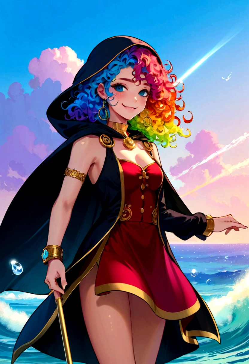 1 girl, (Rainbow Hair, Colorful hair, half blue and half pink hair: 1.2), 17 years old, blue_Sky, Holding a magic wand, summer (Oceansexist), petal_exist_liquid, Black cape with hood, Red and black tattered dress, skirt: 1.2, (gold lexistg curly hair: 1.5), Sky, outdoor, cloud, 刘Ocean, Smile, Sky blue eyes, Bare shoulders, Perfect hands, Card Details, Repair finger. earrings, Ocean + background, Watching_exist_Viewer, Cowboy shooting, Top quality, Rich details, Perfect image quality, sunrise