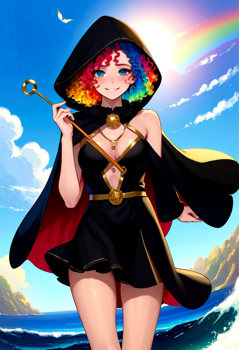 1 girl, (Rainbow Hair, Colorful hair, half blue and half pink hair: 1.2), 17 years old, blue_Sky, Holding a magic wand, summer (Oceansexist), petal_exist_liquid, Black cape with hood, Red and black tattered dress, skirt: 1.2, (gold lexistg curly hair: 1.5), Sky, outdoor, cloud, 刘Ocean, Smile, Sky blue eyes, Bare shoulders, Perfect hands, Card Details, Repair finger. earrings, Ocean + background, Watching_exist_Viewer, Cowboy shooting, Top quality, Rich details, Perfect image quality, sunrise