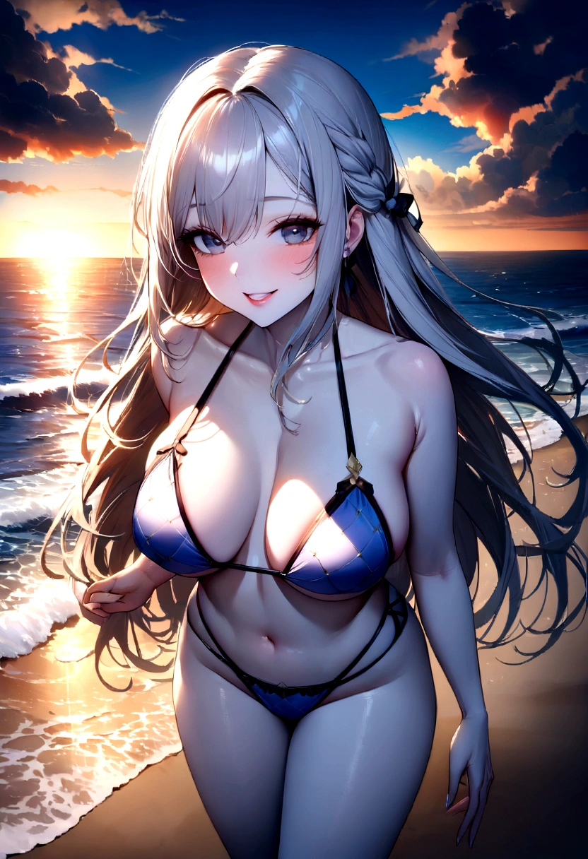 (Highest quality、masterpiece、8K、Best image quality、Hyperrealism、Award-winning works)、1 female、(alone:1.1)、(1 photo:1.1)、(Beautifully decorated bikini:1.1)、(最も自然でwide々Standing on a beautiful and perfect beach:1.2)、(wide々としたBeautiful sea岸に立っている:1.2)、(Beautiful perfect sandy beach:1.2)、(Beautiful sunny sky:1.1)、(Beautiful thunderclouds:1.1)、Beautiful sea、(透き通って鮮やかなBeautiful sea:1.1)、(very bright and vivid:1.1)、(The biggest smile looks at me:1.1)、Showing off beautiful teeth、Complex sea glow、Beautiful seaの詳細を描写する、Accurate anatomy、Perfect Makeup、Long eyelashes、Glossy Lips、Ultra HD glossy skin、(Ultra-high resolution, bright and beautiful skin:1.1)、超高精細のGlossy Lips、(very bright and vivid:1.1)、Face close-up、Standing Elegantly、(very brightly lit face:1.1)、(Very white skin:1.1)、(Bright and glowing skin:1.1)