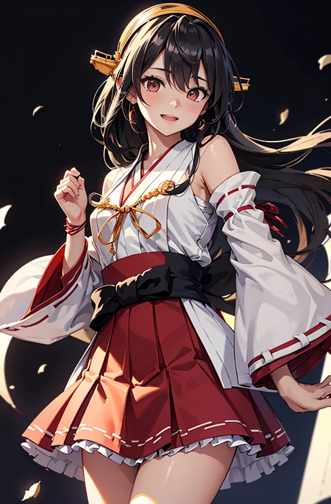 Highest quality, masterpiece, High resolution, 一人in, {Aaron_Fleet Collection:1.15}, black_hair, length_hair, hair_ornament, hairband, brown_eye, hairclip, red面, smile, headgear, chest, Non-traditional_Shrine maiden, hair_between_eye, One Girl, independent_sleeve, Japanese_Clothes, Looking_in_audience, red_skirt, ribbon-trimmed_sleeve, ribbon_trim, skirt, just_shoulder, Simple_background, white_background, Open_mouth, sarashi, wide_sleeve, ((オフィスbackground, リビングbackground))