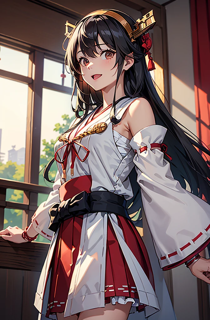 Highest quality, masterpiece, High resolution, 一人in, {Aaron_Fleet Collection:1.15}, black_hair, length_hair, hair_ornament, hairband, brown_eye, hairclip, red面, smile, headgear, chest, Non-traditional_Shrine maiden, hair_between_eye, One Girl, independent_sleeve, Japanese_Clothes, Looking_in_audience, red_skirt, ribbon-trimmed_sleeve, ribbon_trim, skirt, just_shoulder, Simple_background, white_background, Open_mouth, sarashi, wide_sleeve, ((オフィスbackground, リビングbackground))