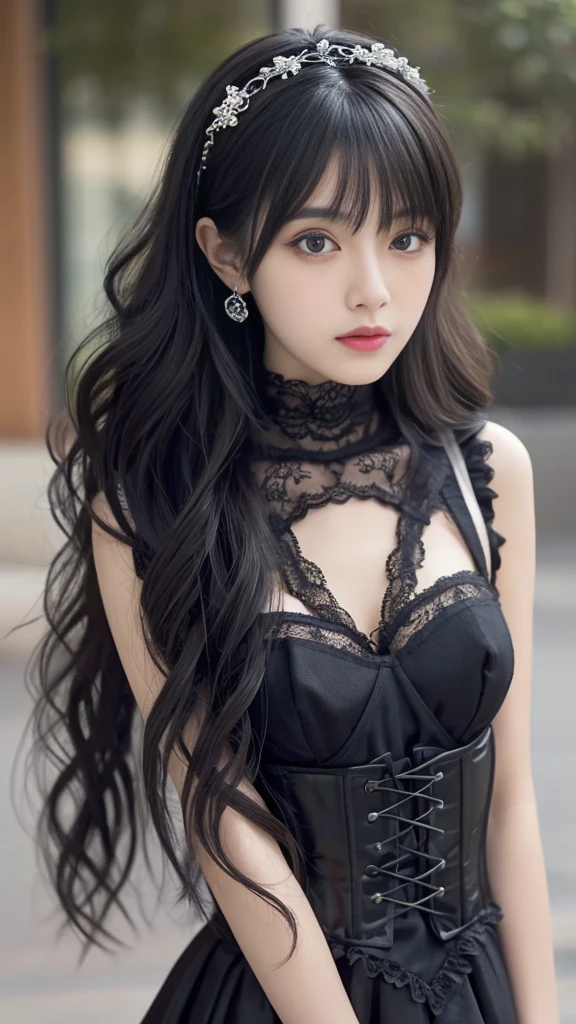 Female figure, She wears a complex visual kei gothic lolita outfit.,Gothic Makeup, A perfect blend of elegance and rebellion. His outfit features a luxurious lace combination., corset, Elaborate accessories, Ornately decorated. dark, His flowing hair cascades down his shoulders, Add an air of mystery. Dark eyeliner makes your eyes stand out, Complete the avant-garde look. This woman is the embodiment of visual kei gothic lolita.、It exudes an aura of theatrical decadence., Challenging traditional fashion norms with a captivating androgynous look.,Beautiful girls,Goth,(Highest quality, Very detailed, masterpiece:1.2), 1 women, Very thin body, length, Thin legs, ((Black layered cut short wavy hair:1.2)), ((Thick and fluffy bangs)), Very detailedな顔,A faint smile, small, Thin Nose, small thin mouth, Extremely sharply focused eyes, Japanese, Beautiful Face, Realistic eyes, Beautiful and beautiful eyes, Realistic Skin, Beautiful Skin, charm, (A vivid face),