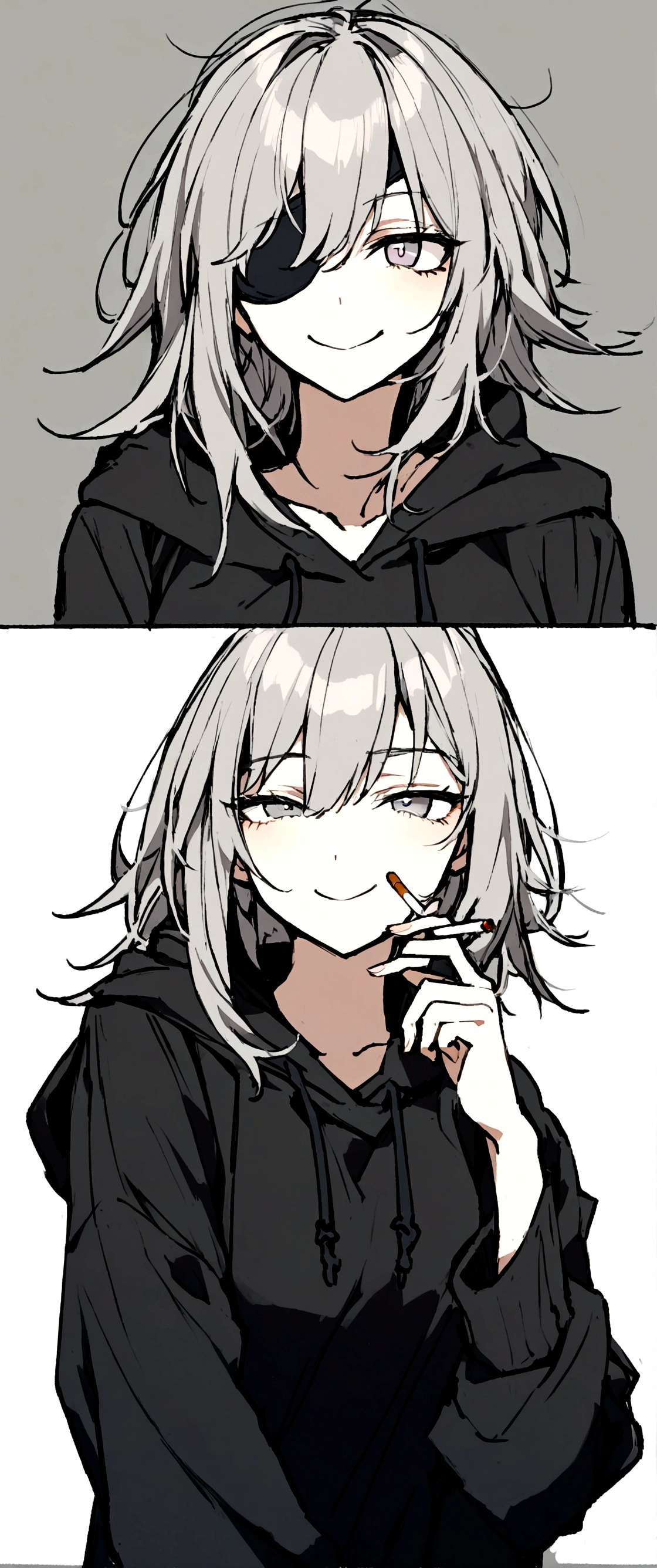 1girl, sarcastic smile, eyebags, gray-colored eyes, messy shoulder-length gray hair, wearing black hoodie, holding up a peace sign on her left hand whilst holding a cigarette on her right hand, showing her tits