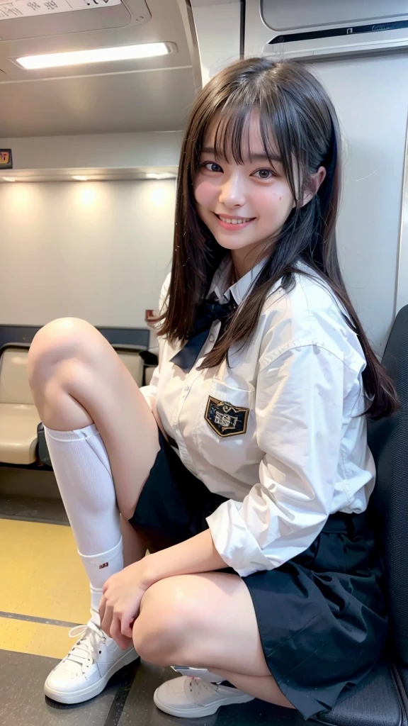 top-quality,ultra-detailliert,masterpiece,realisitic,Photo Real,Bright lighting,1 garlic:1.2), Upper body、small tits、 an extremely beautiful 17-year-old girl, (kawaii:1.2),Bursting smile, Black eye,A dark-haired,bobhair、,(bangss),perfect glossy skin,flawless skin,((erotick,sexy for)), Angle from behind,Turning around、small ass、big breasts thin waist, Look at viewers,a sailor suit,high-school uniform:1.2、shortsleeves,neck tie,sitting on,sockes、Futomo、(Loafer shoes), during daytime,On the train,