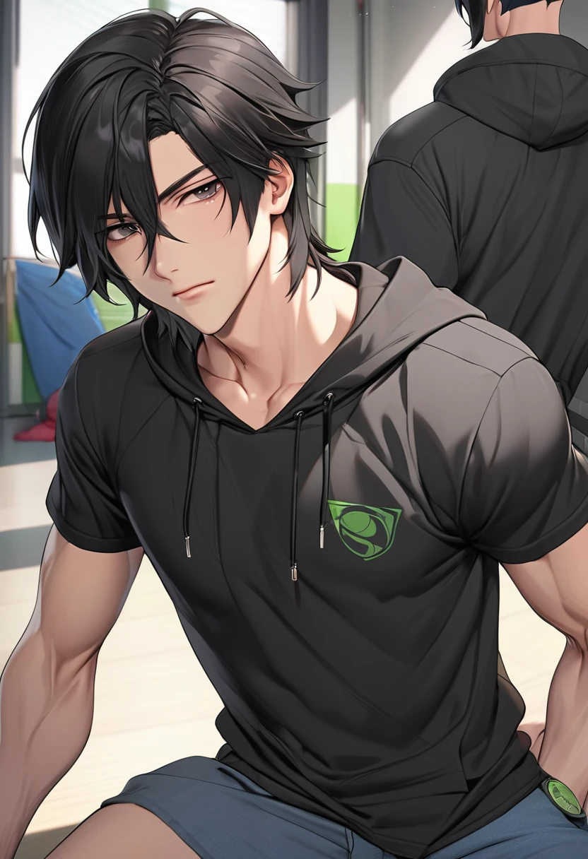 A highschool boy, handsome, perfect body, black hair, short hair, mullet, black eyes, upturned eyes, expressionless, black hoodies, anime, first-person view, masterpiece, anatomically correct, high details, highres, best quality, super detail, 1080P, Ben 10 art style