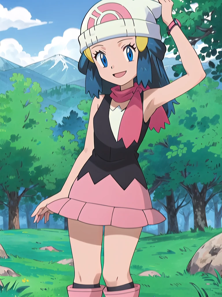 masterpiece, best quality, 1girl, dawn \(pokemon\), beanie, long hair, blue hair, blue eyes, black sleeveless shirt, pink scarf, pink skirt, pink boots, smile, looking at viewer, forest background 