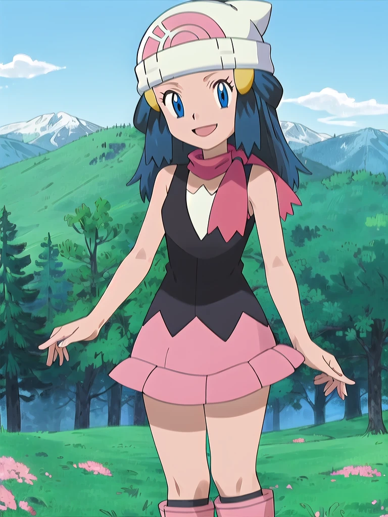 masterpiece, best quality, 1girl, dawn \(pokemon\), beanie, long hair, blue hair, blue eyes, black sleeveless shirt, pink scarf, pink skirt, pink boots, smile, looking at viewer, forest background