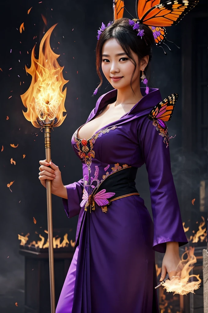 She's holding a staff topped with a flaming butterfly.
She's surrounded by wisps of ghostly purple flame, a hint of her Pyro abilities.
A playful smile graces her lips, hinting at her love of pranks.
She's standing confidently, perhaps in front of the Wangsheng Funeral Parlor.