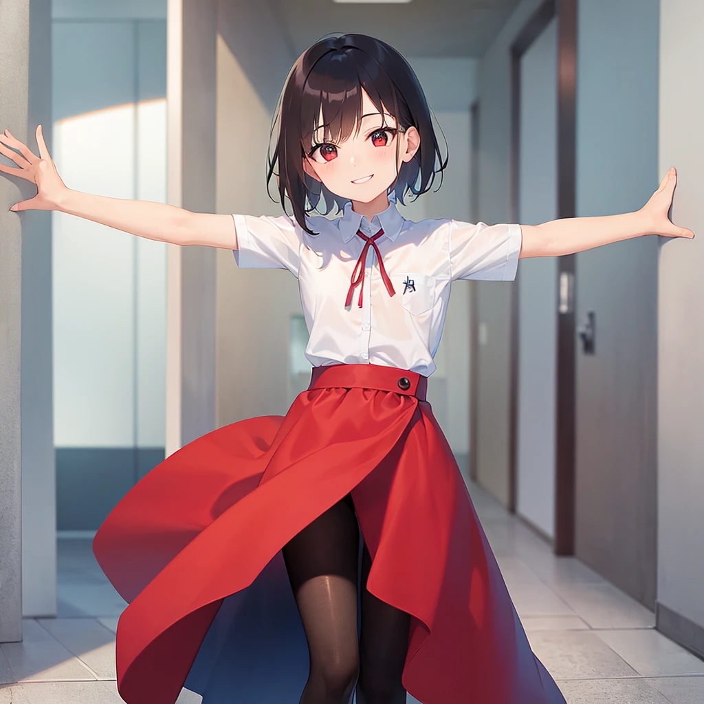 (Outstretched arms:1.3), Selfie, Upper Body, masterpiece、Highest quality、(25-year-old male:1.5) and (Brown short hair) and (Red eyes), Wearing a plain white T-shirt、Are standing、(smile:1.5)、Open your mouth, Background is a school hallway、(alone:1.5)