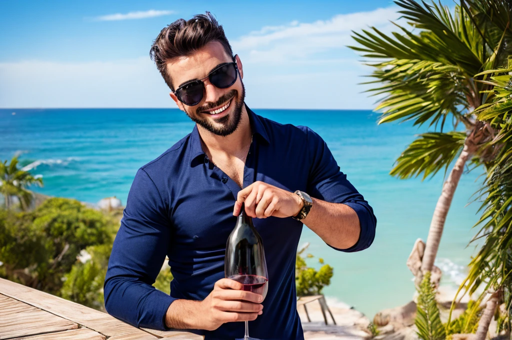 Cool guy with wine　smile　Achievers　navy shirt　Near the sea　sunglasses　Stylish　King