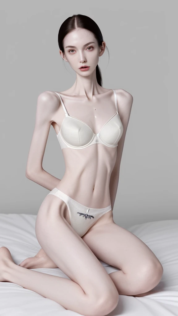 a woman, very thin body, body visible bones, very slender , sweaty weat body, pale white skin, panties, bra,tatto, full body, sit at a bed