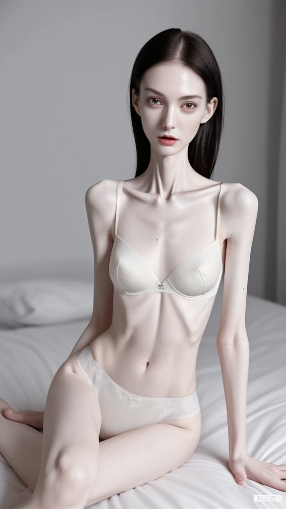 a woman, very thin body, body visible bones, very slender , sweaty weat body, pale white skin, panties, bra,tatto, full body, sit at  a bed