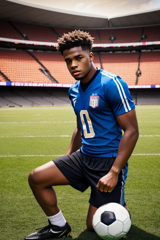 Portrait of 23 year old football player, twist hair, wearing football shirt (soccer), Football Shoes, presentation photo, light skin claro