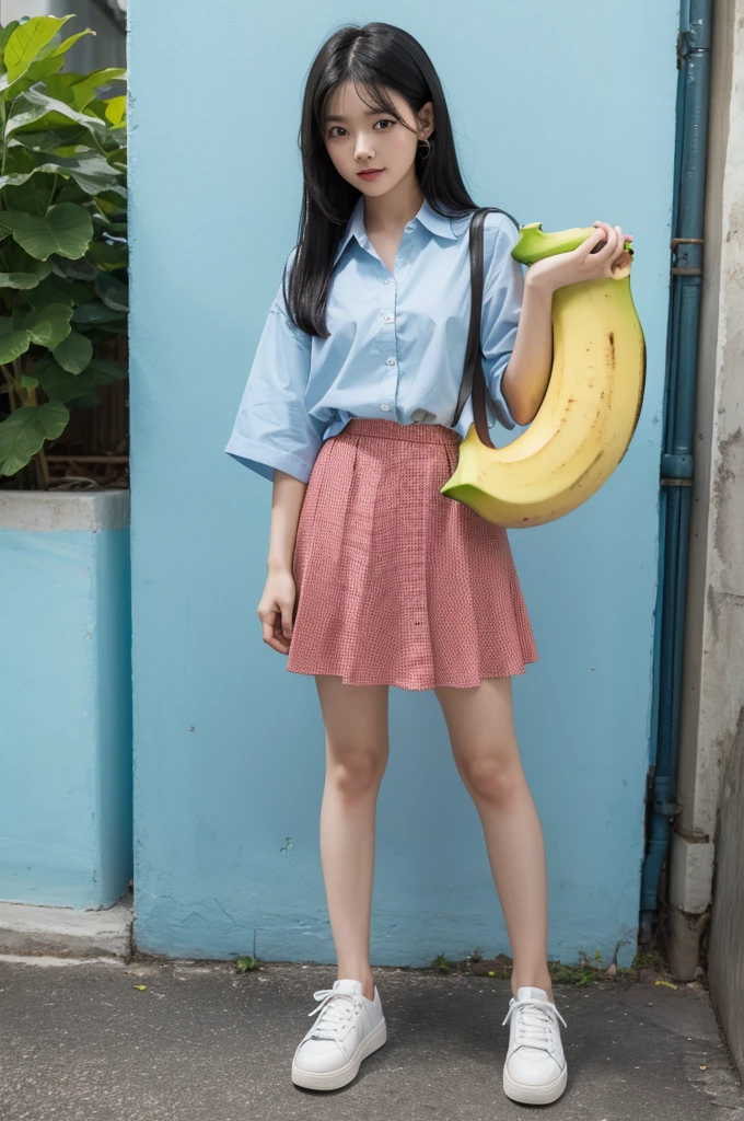 with black hair,Light blue shirt,Red Skirt,Black leather shoes,Holding a huge banana in his arms。
