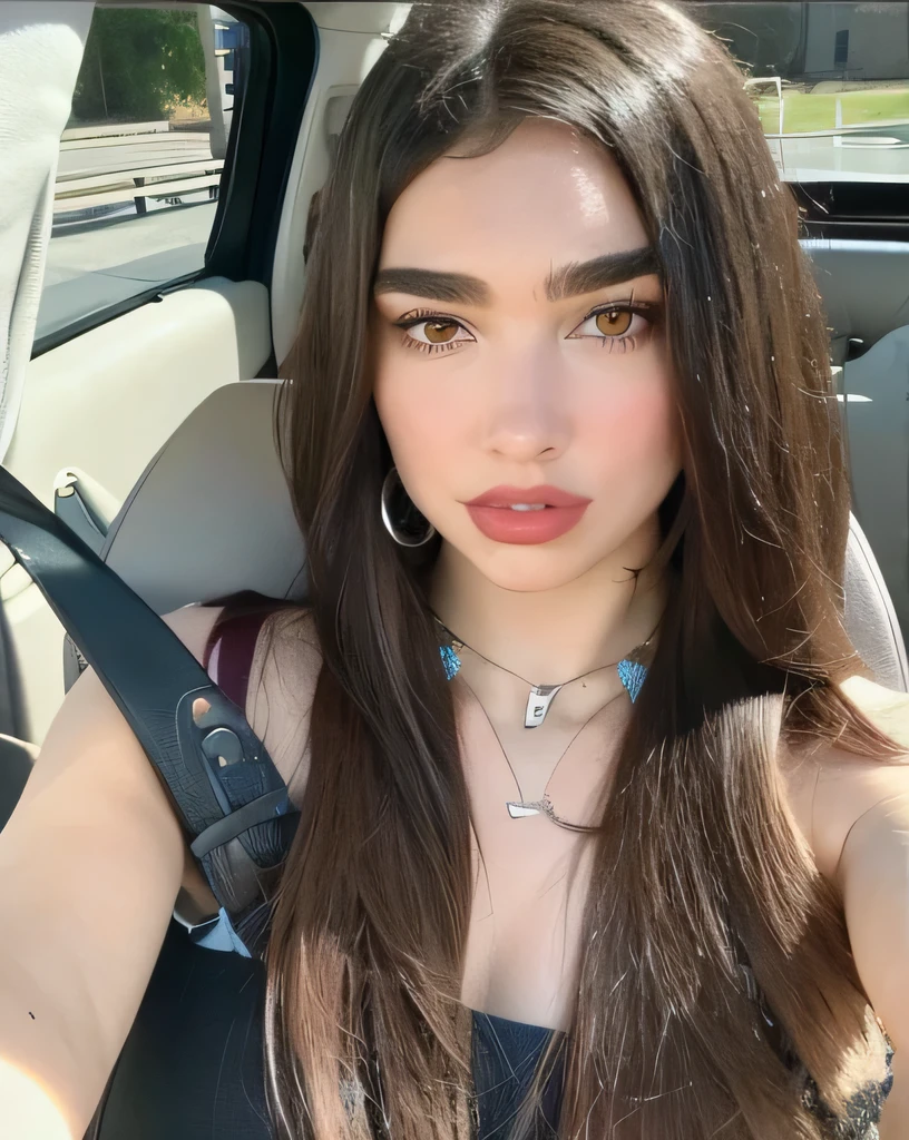 beautiful woman  Dua Lipa  28 years skin details realístic dark Brown eyes 