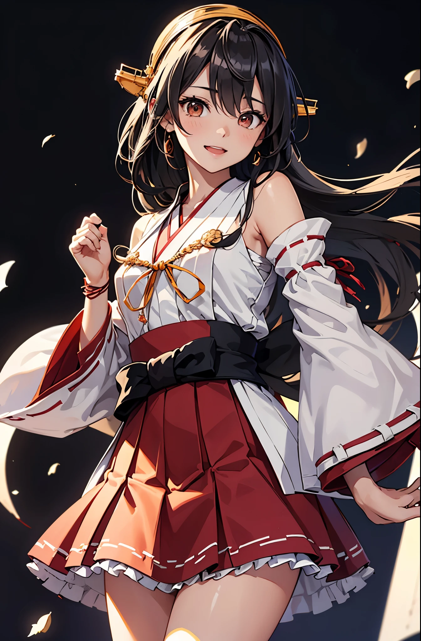 Highest quality, masterpiece, High resolution, 一人in, {Aaron_Fleet Collection:1.15}, black_hair, length_hair, hair_ornament, hairband, brown_eye, hairclip, red面, smile, headgear, chest, Non-traditional_Shrine maiden, hair_between_eye, One Girl, independent_sleeve, Japanese_Clothes, Looking_in_audience, red_skirt, ribbon-trimmed_sleeve, ribbon_trim, skirt, just_shoulder, Simple_background, white_background, Open_mouth, sarashi, wide_sleeve, ((オフィスbackground, リビングbackground))