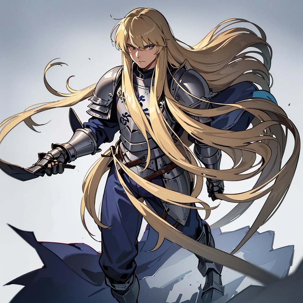 (Full body character concept)、((((Solo))))、Highest quality, Best Quality, Best illustrations, (((Grey Armor)))、(((Blond long hair man、Long-haired man、male、24-years-old、Cool guy)))、(Medieval Knight)、(Navy blue trousers)、(get annoyed)、(Living in the desert)、(White background)、Grab the shining sword