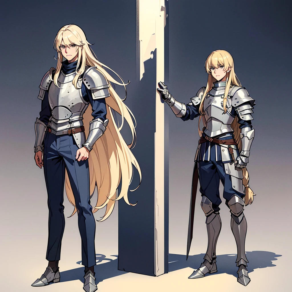 (Full body character concept)、((((Solo))))、Highest quality, Best Quality, Best illustrations, (((Grey Armor)))、(((Blond long hair man、Long-haired man、male、24-years-old、Cool guy)))、(Medieval Knight)、(Navy blue trousers)、(get annoyed)、(Living in the desert)、(White background)、Grab the shining sword