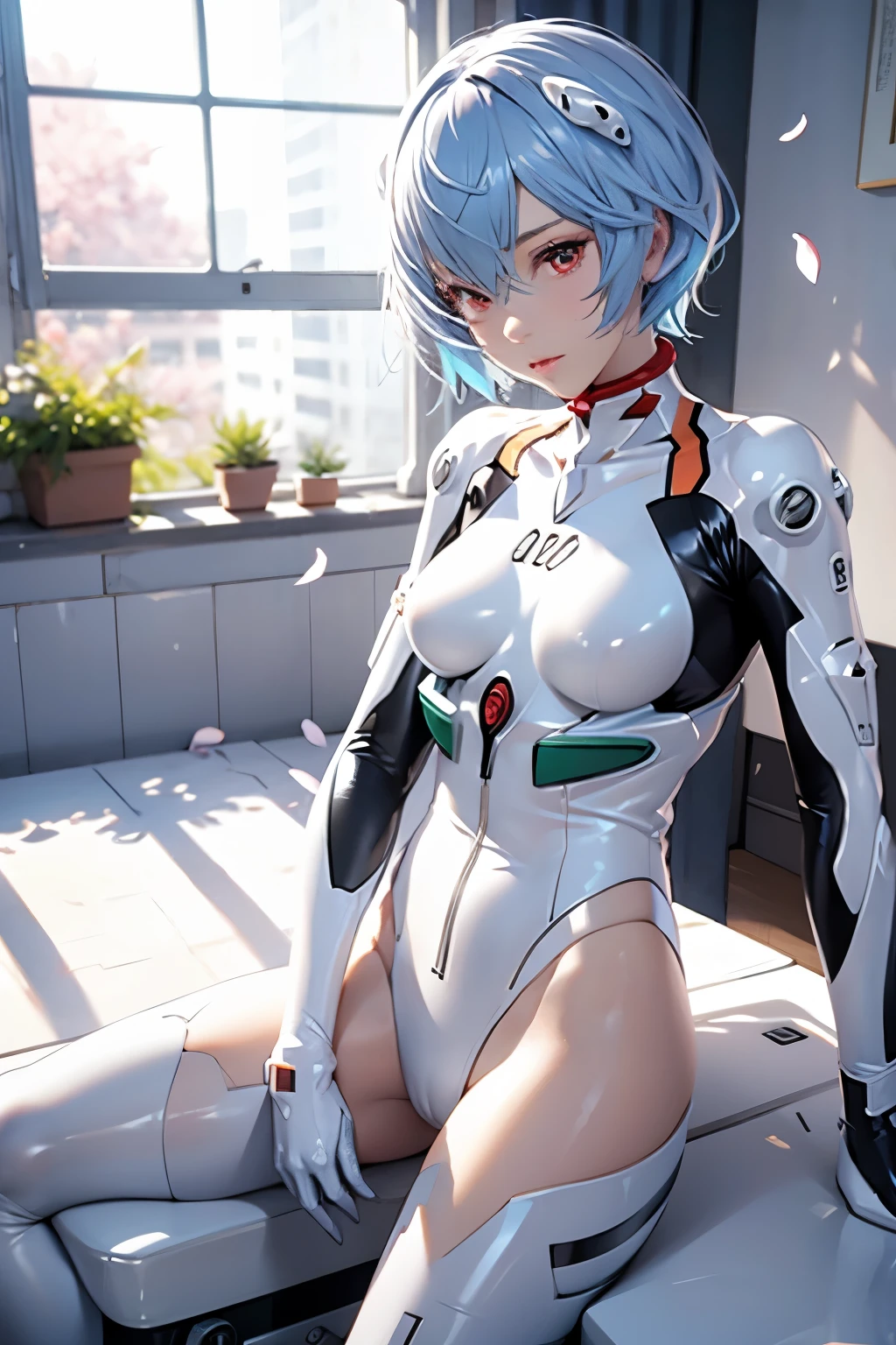 (Realistic, photoRealistic), ayanami, One Girl, Blue Short Hair, White hair ornament, (((underwear))), マスターピース、Sit on the ground, (Cowboy Shot),(Tabletop, high quality, 最high quality), (colorful),(Delicate eyes and face), Volumetric Light, Ray Tracing, Highly detailed CG Unity 8k wallpaper,alone((Flying petals)),indoor, ((Neon Trim)),frontage,(Spread your legs)