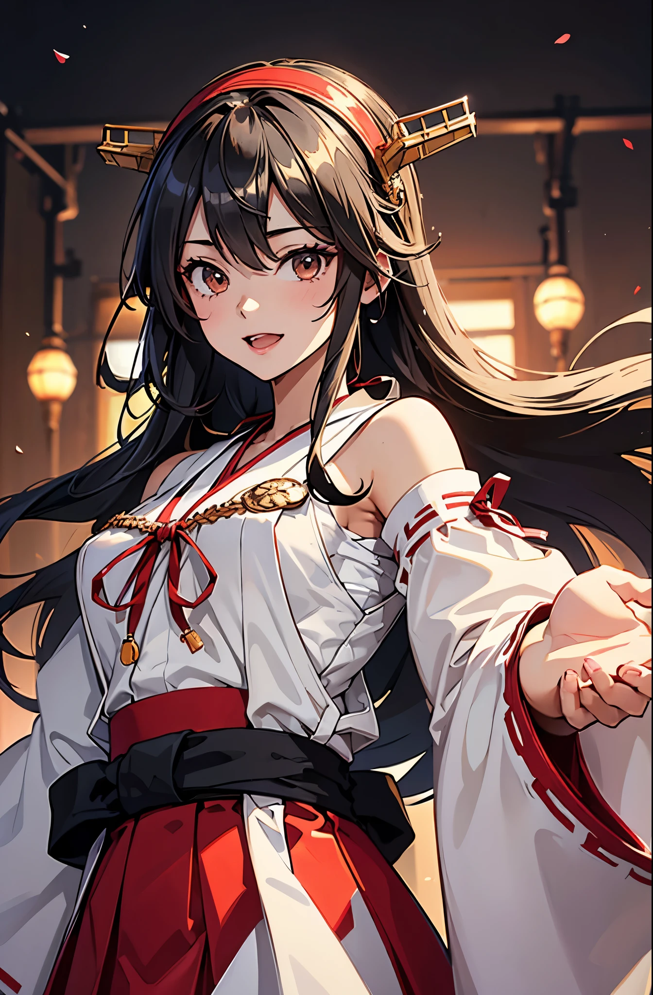 Highest quality, masterpiece, High resolution, 一人in, {Aaron_Fleet Collection:1.15}, black_hair, length_hair, hair_ornament, hairband, brown_eye, hairclip, red面, smile, headgear, chest, Non-traditional_Shrine maiden, hair_between_eye, One Girl, independent_sleeve, Japanese_Clothes, Looking_in_audience, red_skirt, ribbon-trimmed_sleeve, ribbon_trim, skirt, just_shoulder, Simple_background, white_background, Open_mouth, sarashi, wide_sleeve, ((オフィスbackground, リビングbackground))