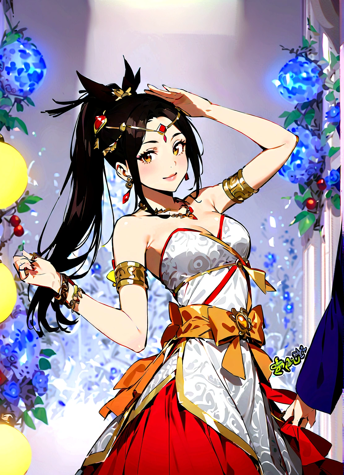  (astrologer), One girl、solo、Black Hair、dress、jewelry、Earrings、necklace、bracelet、Cosplay、fan、Bracelet, Long Hair、Shoulder out、ponytail、Cosplay、ring、Strapless、Armlet, Circlet