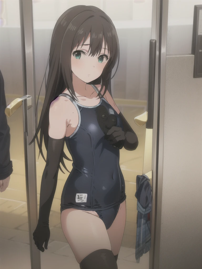 (Highest quality), (masterpiece), 1080P, High resolution, 4K, 8K, ((White school swimsuit)), Groin, Lock, chain, restrained, shackles, Shooting from directly above, Sweat, string, To achieve this, ((~ side)), show your ~ side, Raise your arms, Are standing, Leg spread, Nipples, Small breasts, whole body, Embarrassed face, , Blunt bangs, Long Black Hair, Garter Ring, stand, whole body, barefoot, hairpin