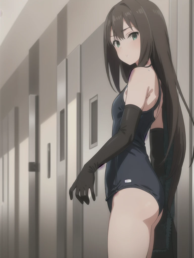 (masterpiece, best quality:1.2), 1girl, looking at viewer, waving, long hair, ((coat on school swimsuit, elbow gloves))