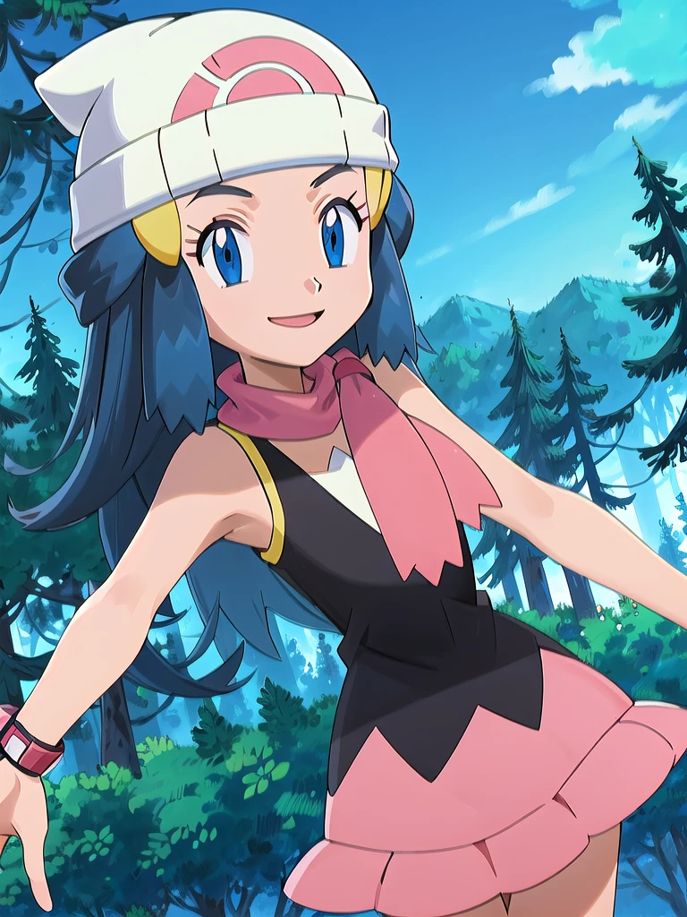 masterpiece, best quality, 1girl, dawn \(pokemon\), beanie, long hair, blue hair, blue eyes, black sleeveless shirt, pink scarf, pink skirt, pink boots, smile, looking at viewer, forest background