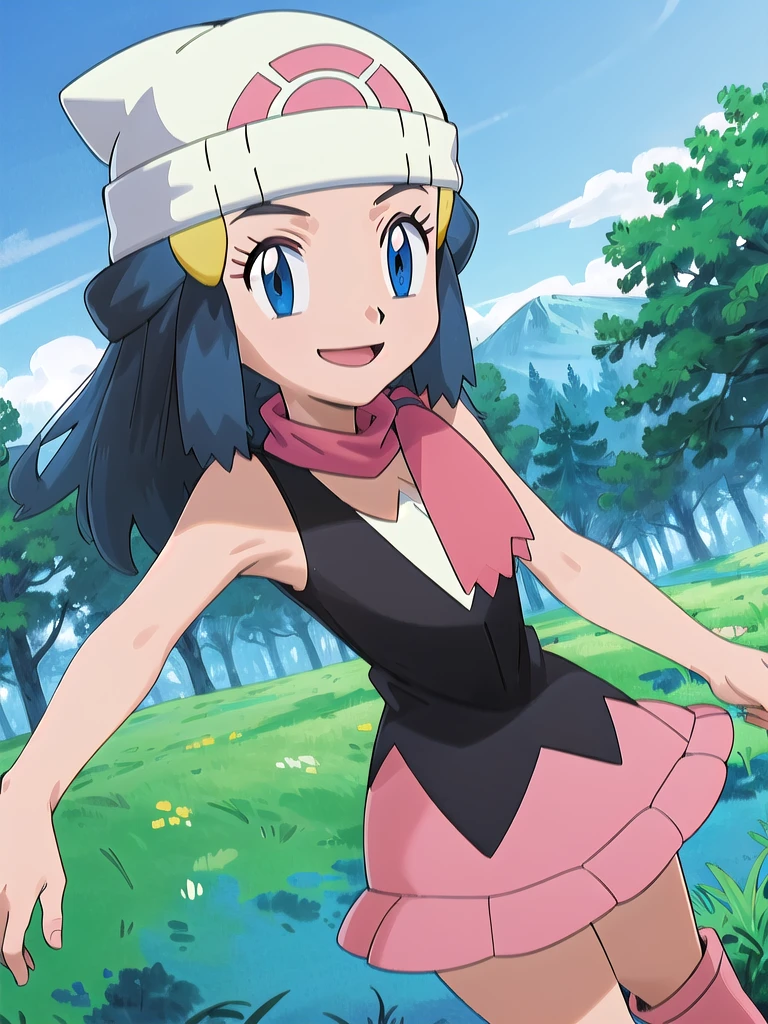 masterpiece, best quality, 1girl, dawn \(pokemon\), beanie, long hair, blue hair, blue eyes, black sleeveless shirt, pink scarf, pink skirt, pink boots, smile, looking at viewer, forest background