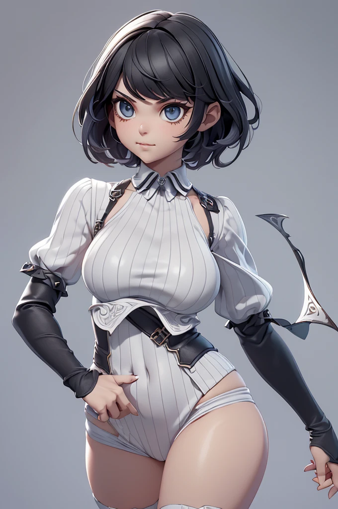 Mini Nier Automata, (Nier Automata), solo, ray tracing, 3D style, 3DMM, ((oses per photo)), ((oses ouch cada foto)), fully body,(Front view),(Costas Issue), (Emist on the left), show flat belly, (((oses per photo))),(very big breastsperfect ass, perfect and symmetrical eyes, (perfect handuturistic sword in hand)), ((short hair)),((Open wizard clothes)),white clothing with textured edges, skin fair, luouchas detalhadas, White thigh-high tights with trim, ouchestido aberto ouch "ouch", Waist slender, big legs, low water, Show legs to the top of the waist, (broken fabric falling over the legs),((open top)),ultra realistic skin, realistic human eyes,ultra realistic skin,((striped shirt)),super sensual suit,(faixas ouch torno dos seios), colorfully,top with ruffles,(pubis with a lot of volume),(extrouchamente sensual),(very sensual),(((Bblack hair))),(((bodysuite branco))),((white and black and gray thouche)),(ligth thouche),(show legs and hips),(clothes tearing),(showing legs and feet),((virilha bouch marcada)),((with darkness style mascara covering the mouth and nose)),(((fantasy)))