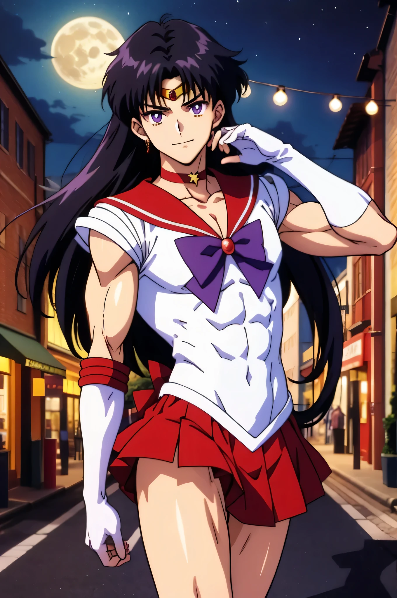 masterpiece、Highest quality、High resolution、absurdes、Ultra-detailed、Male focus、Cute eyes、((Anime Bishonen、))、Sailor Mars、boy、solo、Long Hair、Black Hair、Strong muscleuscular and strong、A golden circlet on the forehead、Sailor Warrior Uniforms、White gloves、Red sailor collar、White leotard、High leg leotard、White Dress、blue bowtie、Red Skirt、Red choker、Elbow hand pocketini skirt、Pleated skirt、Bare legs、barefoot、Purple ribbon blowing a kiss、Cowboy Shot、looking at viewer、Male focuuscular man、night、Outdoor、moon、smile、city、collarbone、(male body:1.3)、Are standing、(1990s \(style\):0.9)、