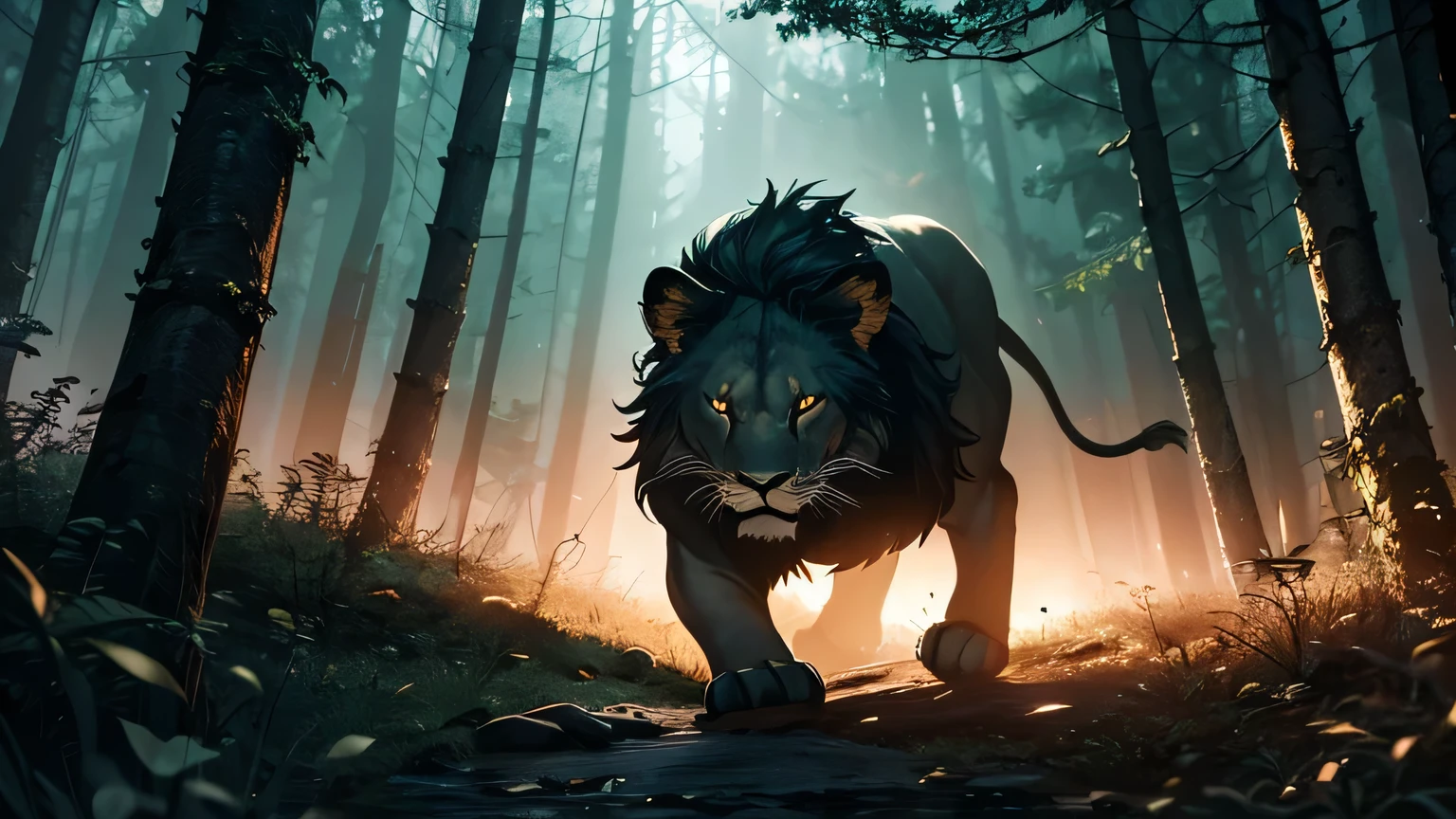 dark and evil lion attacking violently, in a dark and mysterious forest at night, movement scene in the forest, changing lighting, hyper-realistic lighting, cinematic,
