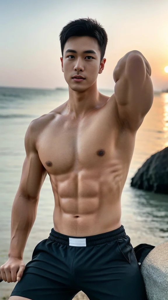 A male police officer in his 20s poses for a group photo....., Wear a white thong......................., high resolution, Masterpiece, best quality, head:1.3,((Hasselblad photos)), Smooth and fine skin, clear focus, (movie light), at the beach during the night, gentle light, Dynamic angle, [:(detailed face:1.2):0.2],(((exercise))), sport, His arm muscles were very big.........., hand in crotch.