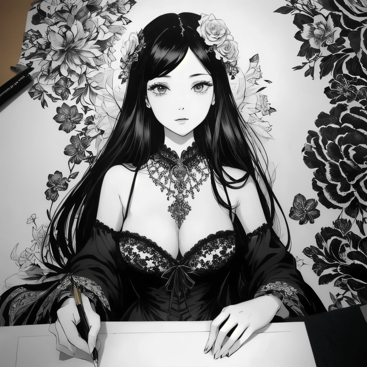 drawing of a woman with a dress and flowers on a table, elaborate ink illustration, intricate ink drawing, masterful and intricate works of art, detailed Complex illustration, a beautiful art illustration, intricate detailed illustration, Intricately detailed artwork, detailed drawing in black and white, Complex illustration, intricate charcoal illustration, intricate drawing, detailed intricate sketch, epic pencil illustration, Incredibly detailed artwork