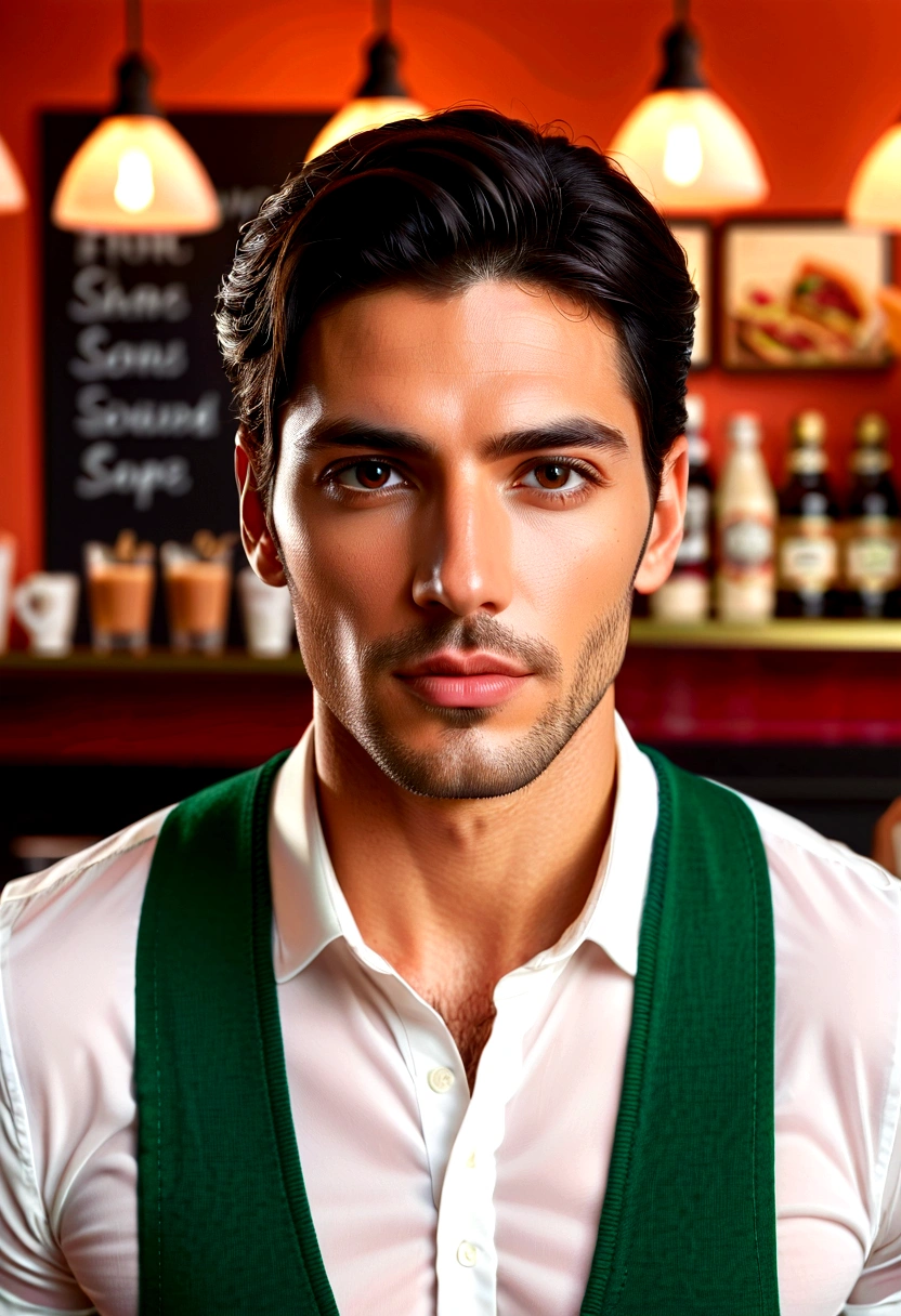 (Front view) Very detailed photo of an Italian man, Detailed coffee shop background, (black hair), (black eyes) (Symmetrical handsome face) Beautiful, well-defined nose, (Prominent and angular jaw), Proportionate and full lips, Stunning photorealistic photography, Realistic pastel colors, Octane Rendering, Complex details, Clear focus, stunning full color, Shooting with a DSLR, 32k resolution, best quality, (Pay attention to skin texture)