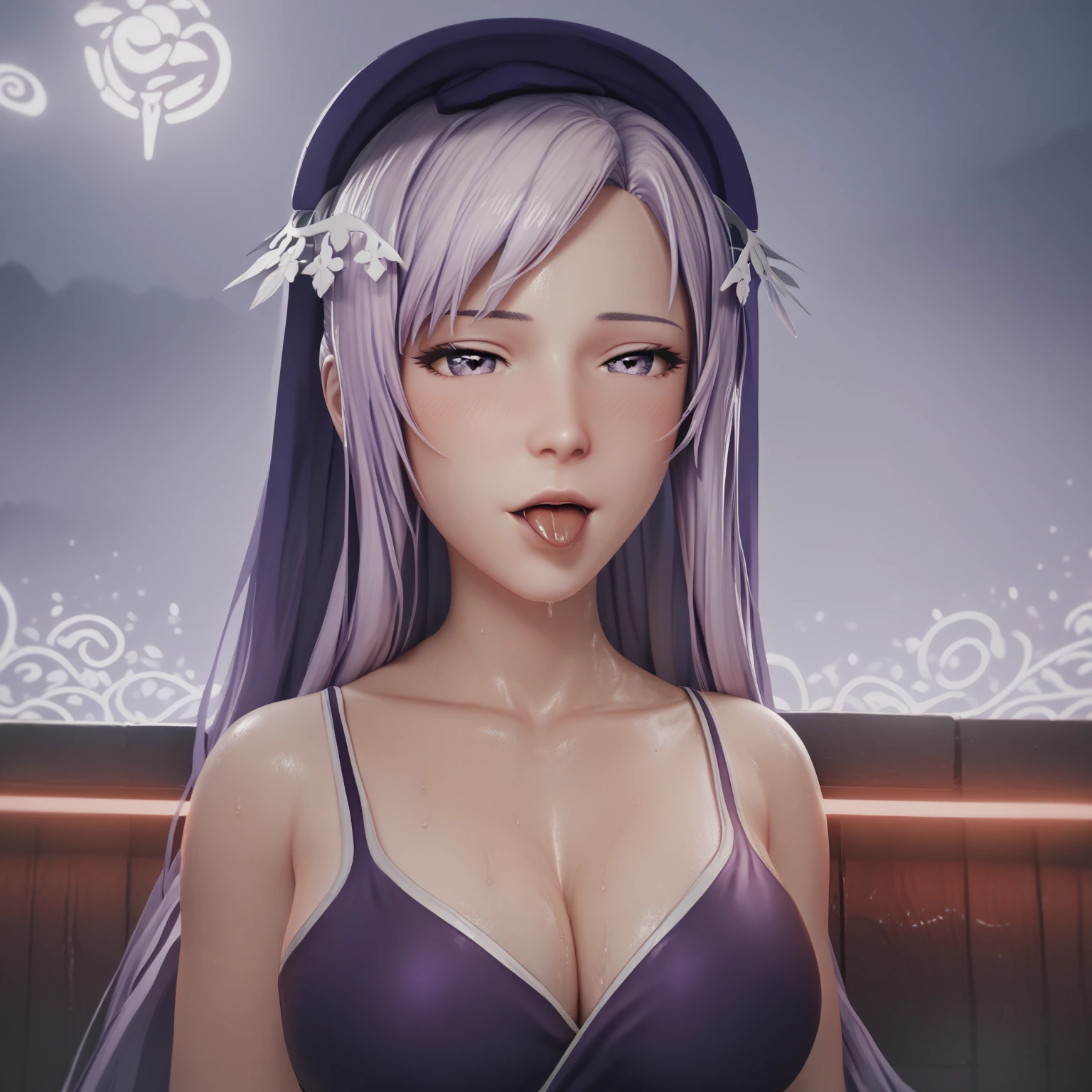 score_9, score_8_up, score_7_up, score_6_up, uncensored, quinella, absurdly long hair, purple eyes, long hair, parted bangs, tongue out, saliva, purple hair, very long hair, hair ornament, horny face, blush face, lips, naughty face, shiny skin, sweating, wet, wet hair, steaming body, saliva, curvy, voluptuous, heavy breathing, large breasts, detailed body, detailed eyes, white tank top, red (samurai armor), red gloves, pants, (getting undressed), night city, neon lights, dim lighting, dark alley,