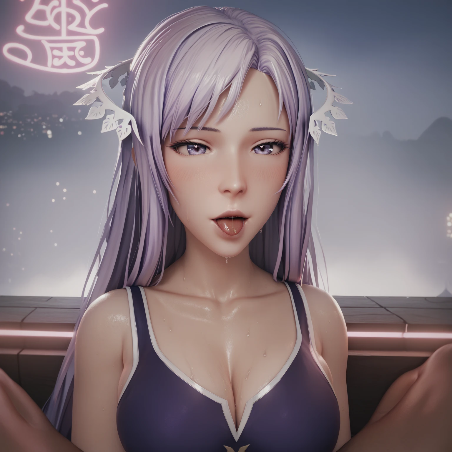 score_9, score_8_up, score_7_up, score_6_up, uncensored, quinella, absurdly long hair, purple eyes, long hair, parted bangs, tongue out, saliva, purple hair, very long hair, hair ornament, horny face, blush face, lips, naughty face, shiny skin, sweating, wet, wet hair, steaming body, saliva, curvy, voluptuous, heavy breathing, large breasts, detailed body, detailed eyes, white tank top, red (samurai armor), red gloves, pants, (getting undressed), night city, neon lights, dim lighting, dark alley,