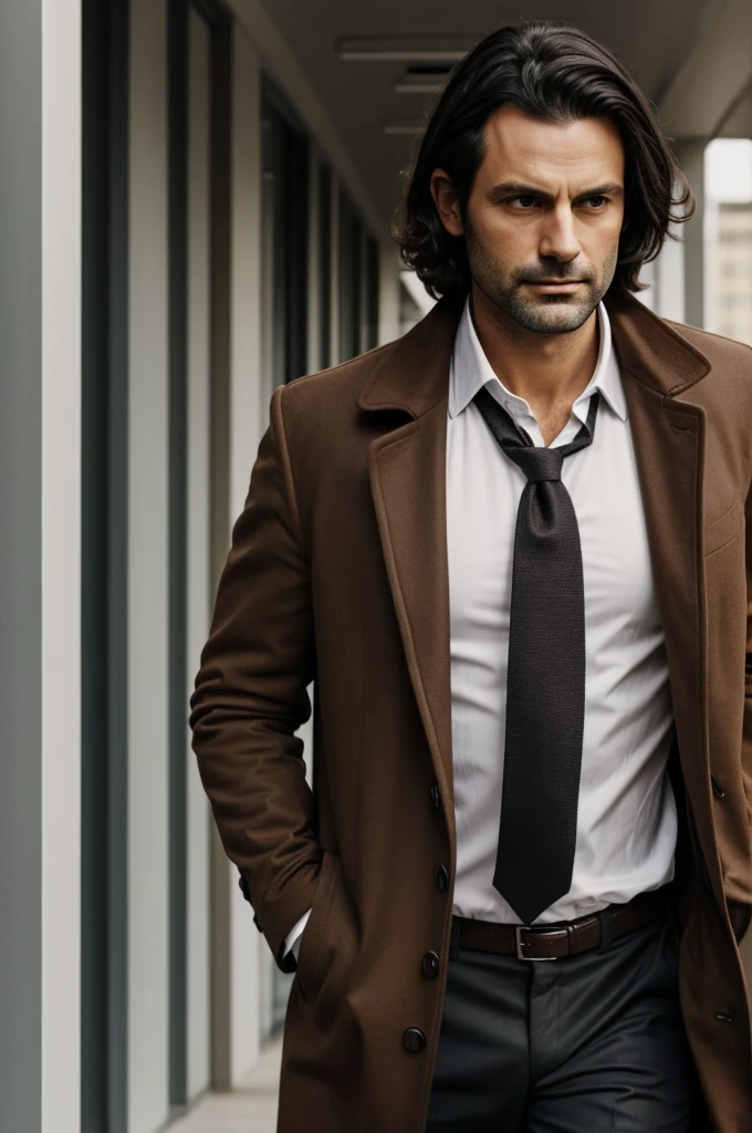 A man with messy dark hair. With a long brown coat, a white shirt and a loose tie. His misaligned appearance