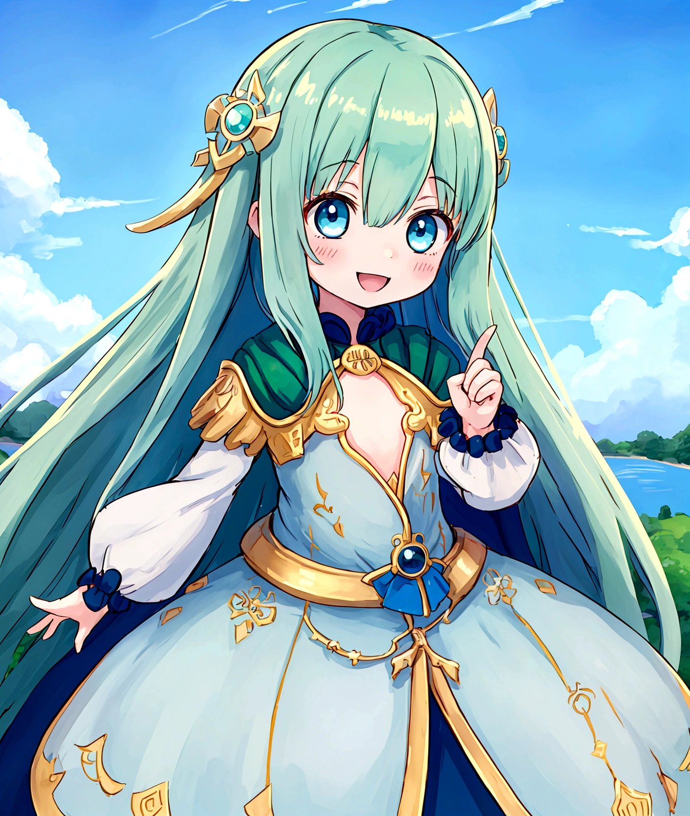 One person、,Baby Face, ((Anime Girls)), Green skinned、Light blue long hair、、Flat chest、Very detailed, ((masterpiece, Highest quality;1.3)) , An innocent smile、laughing、whole body