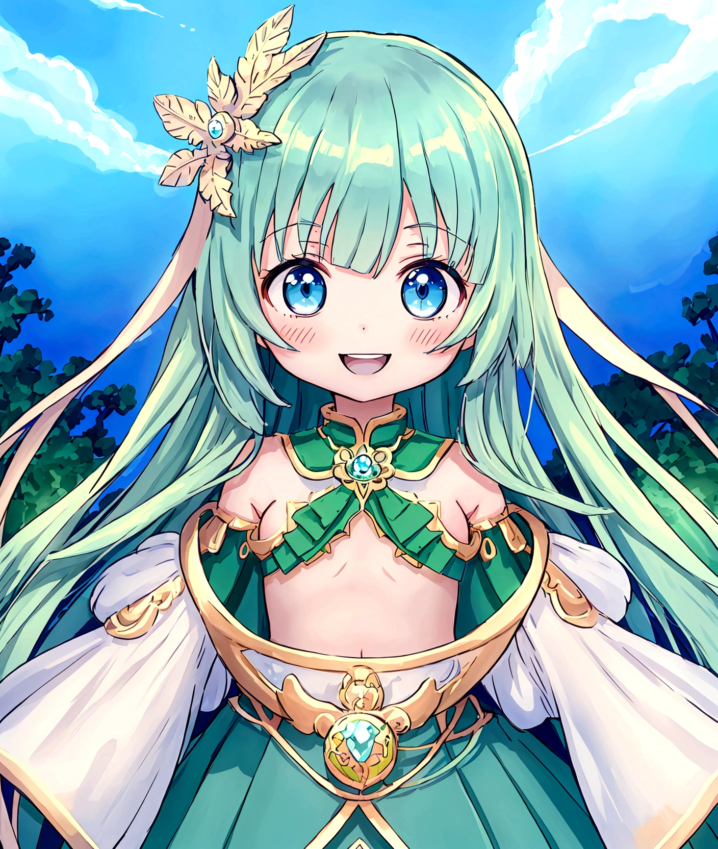 One person、,, ((Anime Girls)),　Green skinned、Light blue long hair、、Flat chest、Very detailed, ((masterpiece, Highest quality;1.3)) , An innocent smile、laughing、whole body