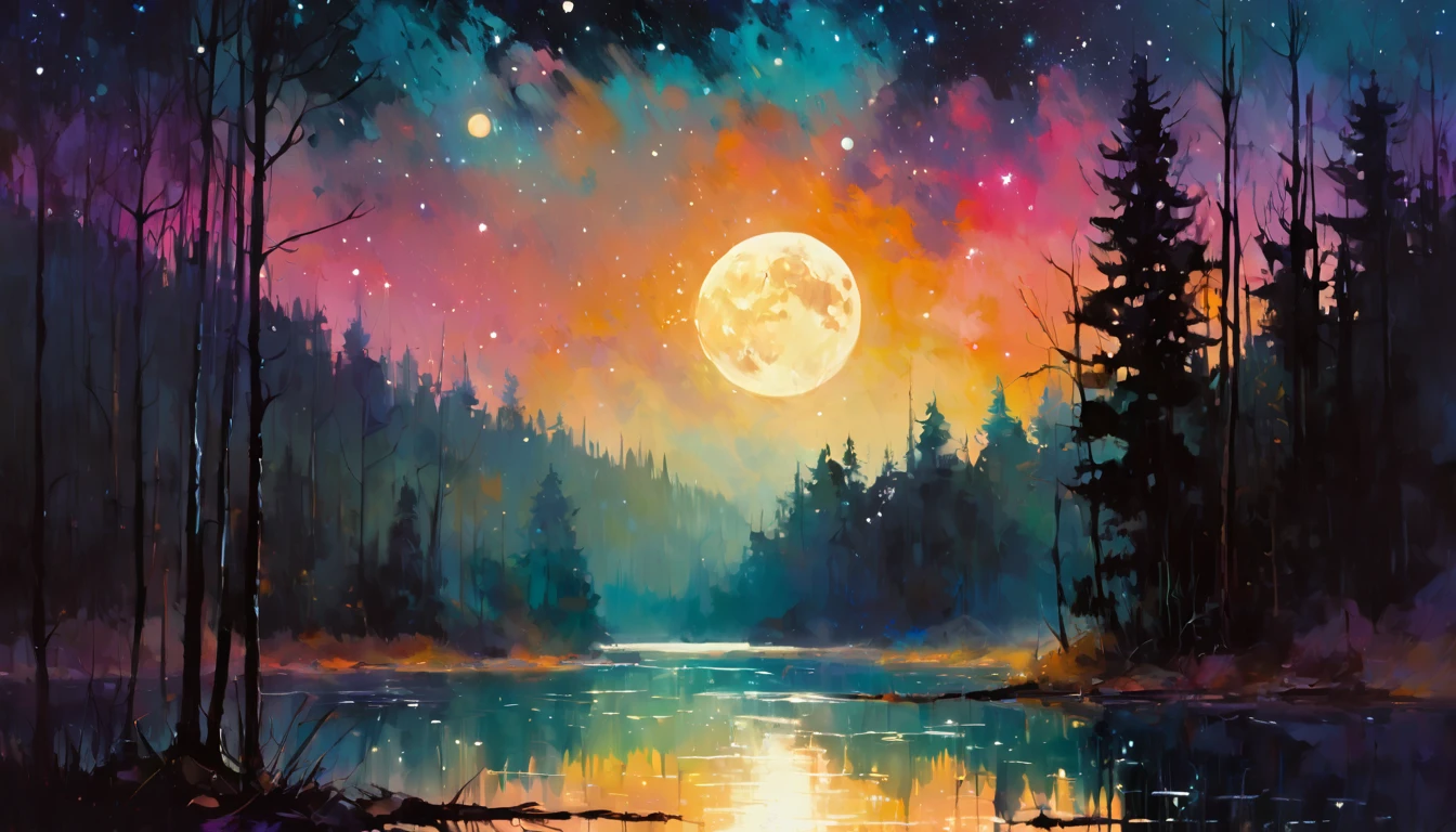 a lake, magic, forest, fantastic, night sky, moon, stars, background, (simple oil painting in a style to Bill Sienkiewicz)