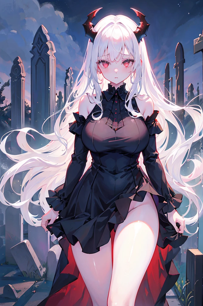 1 girl, big breasts, Hitodama, night, tombstone, cemetery, long sleeves, ghost, pale skin, off the shoulder, long white hair, bare legs, open hips, plump hips, red eyes, white horns, Massive breasts, long beautiful legs, no clothes