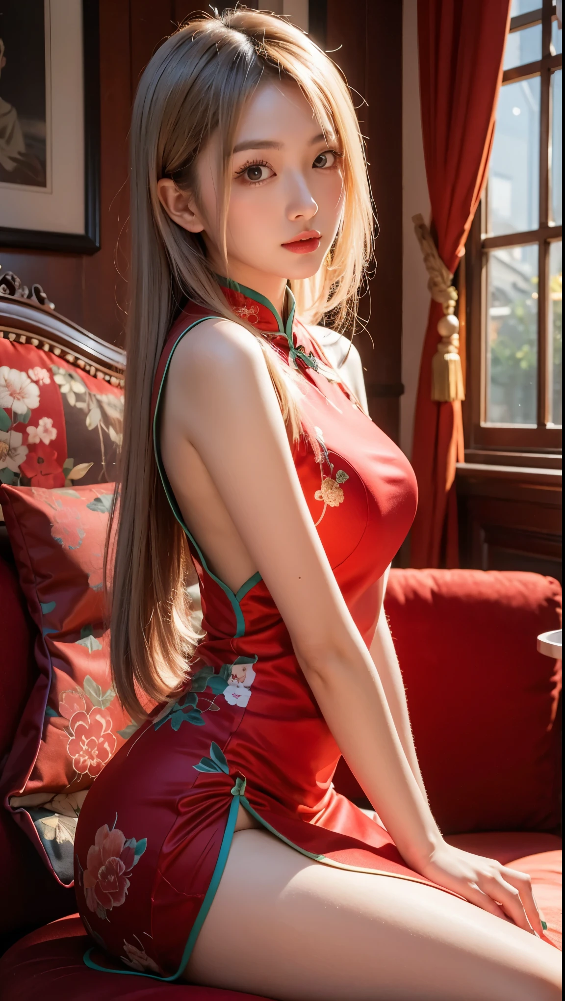 A highly detailed ultra realistic photo style of a beautiful girl sitting on a bed. She is wearing a traditional red cheongsam dress with golden floral embroidery and frog buttons. The dress has a high slit, revealing her long legs. She has long, flowing blonde hair with ribbons tied at the ends, and her eyes are bright and expressive. The background features a cozy room with a teddy bear on the bed and a picture frame on the wall. The lighting is warm, adding to the comfortable and inviting atmosphere