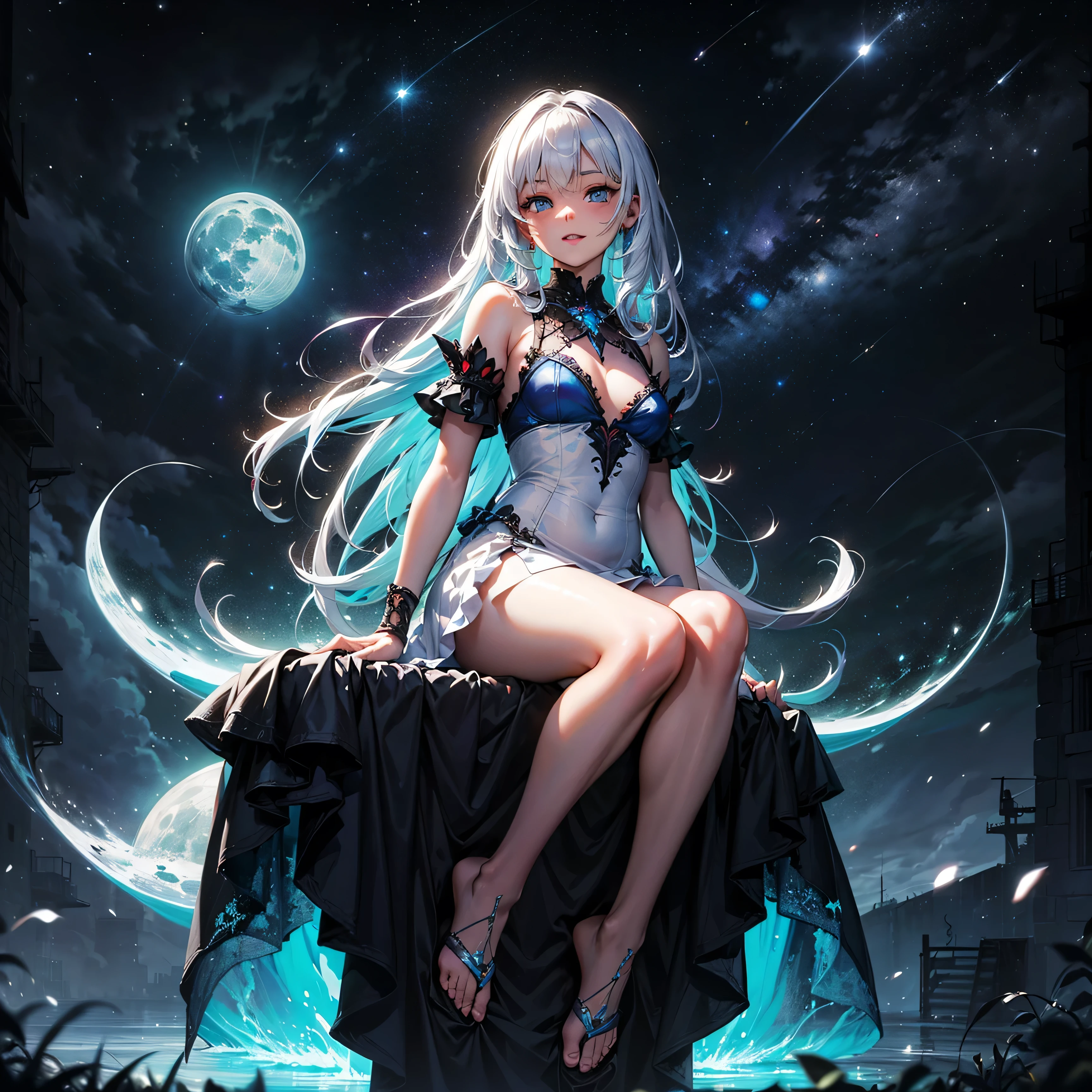1girl, (solo), long hair, white hair, blue eyes, fair skin, small breasts, small size, glossy lips, happy face, white little dress, barefoot, full body, floating, (night), white moon, night sky background, (very sexy body, detailed face, masterpiece, highly detailed, 8k, best quality, vibrant colors, digital art, concept art).