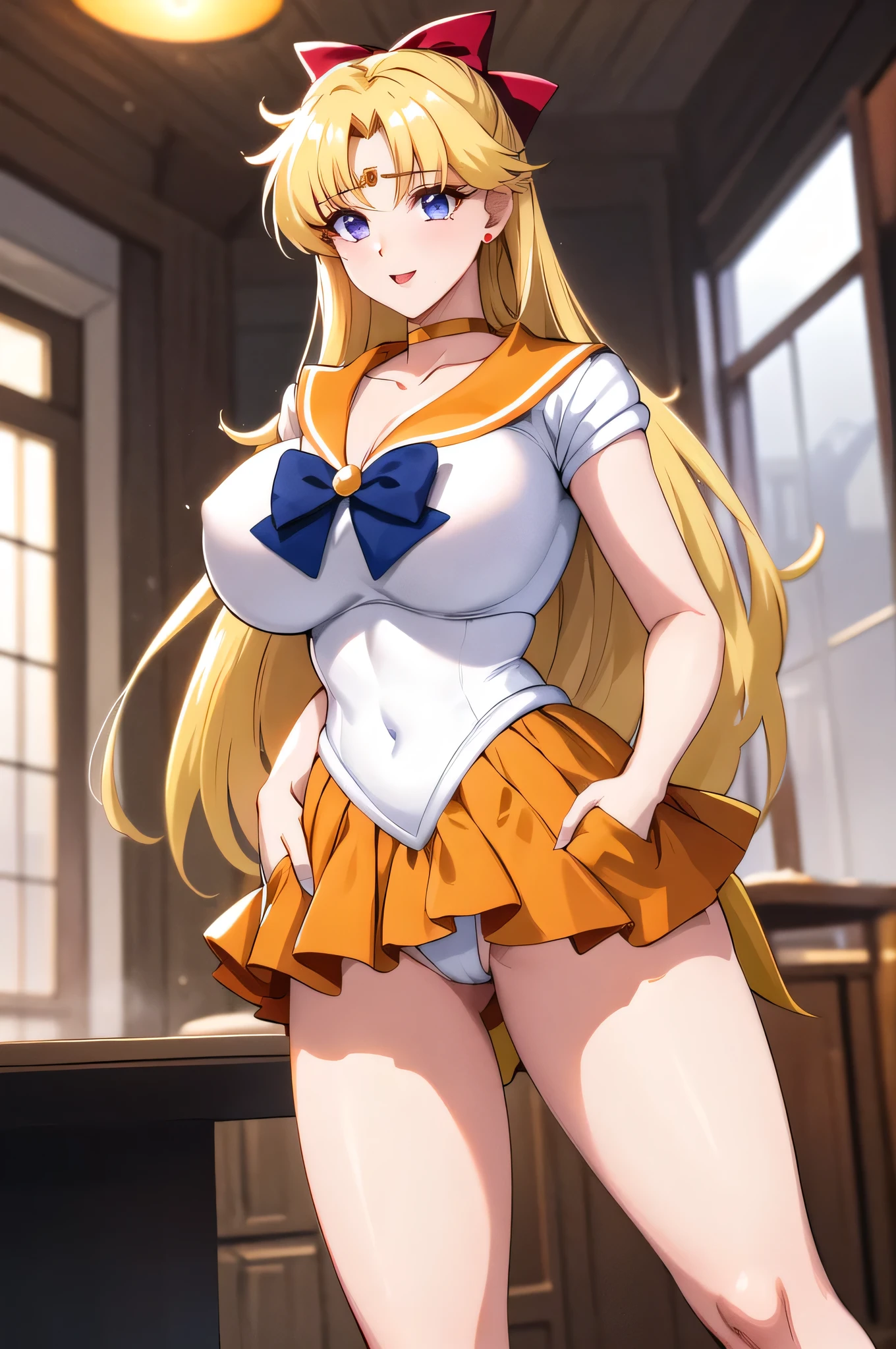 masterpiece、Highest quality、High resolution、((Anime Auntie、43 years old))、Sailor Venuature Woman、solo、Long Hair、bionde、Sailor Warrior Uniforms、Orange skirt、Golden Skirt、Elbow hand pockets、A golden circlet on the forehead、Orange sailor collar、Gold sailor collar、purple bowtie、White leotard、High leg leotard、White Dress、red head bow、orange choker、Golden choker、White gloves、jewelry、mini skirt、Pleated skirt、Cowboy Shot、Big Breasts、A woman with very large breasts、collarbone、Are standing、(sexy boy:1.3)、(1990s \(style\):0.9)、
