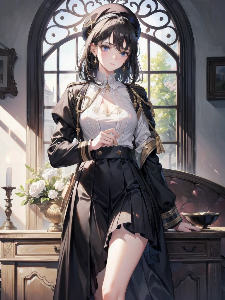 absurdres, RAW photo, extremely delicate and beautiful, masterpiece, Best Quality, ultra high resolution, 32k, hyperrealistic, ultra-detailed, delicate facial features, beautiful detailed woman, tearful mole, earring, medium breasts, full body shot, medium hair, black hair, beret, skirt, military uniform,
