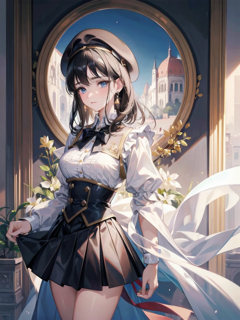absurdres, RAW photo, extremely delicate and beautiful, masterpiece, Best Quality, ultra high resolution, 32k, hyperrealistic, ultra-detailed, delicate facial features, beautiful detailed woman, tearful mole, earring, medium breasts, full body shot, medium hair, black hair, beret, skirt, military uniform,