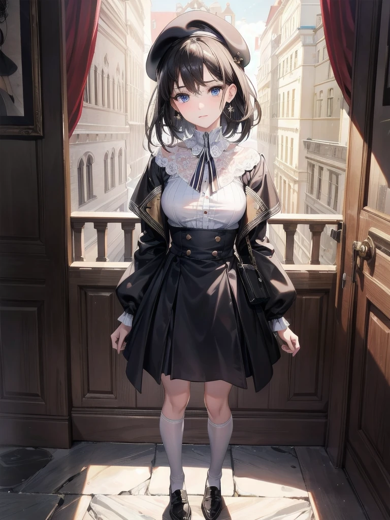 absurdres, RAW photo, extremely delicate and beautiful, masterpiece, Best Quality, ultra high resolution, 32k, hyperrealistic, ultra-detailed, delicate facial features, beautiful detailed woman, tearful mole, earring, medium breasts, full body shot, medium hair, black hair, beret, skirt, military uniform,